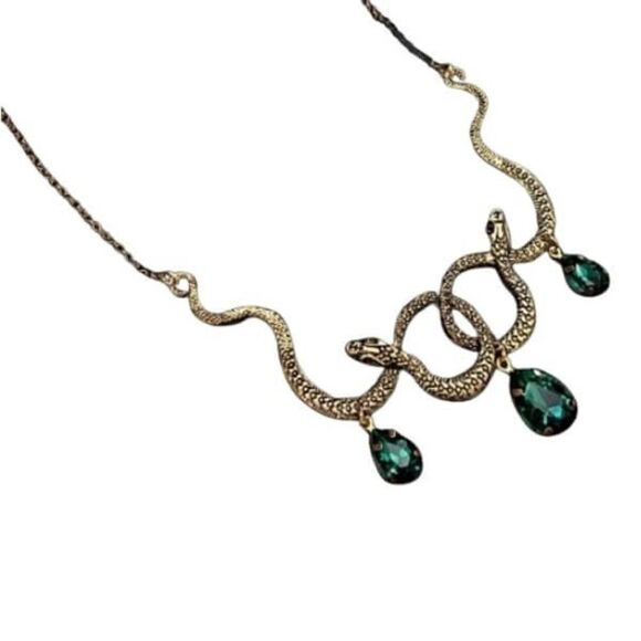 Anthro Vintage Inspired Gold Snake Necklace With Green Gemstones - Picture 3 of 14